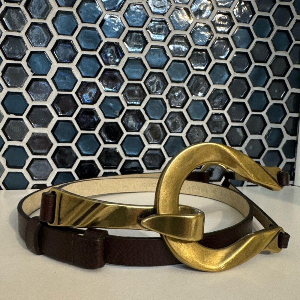 Chico's Brown Leather Skinny Belt Womens S/M Adjustable Gold Tone Hook RN# 79984